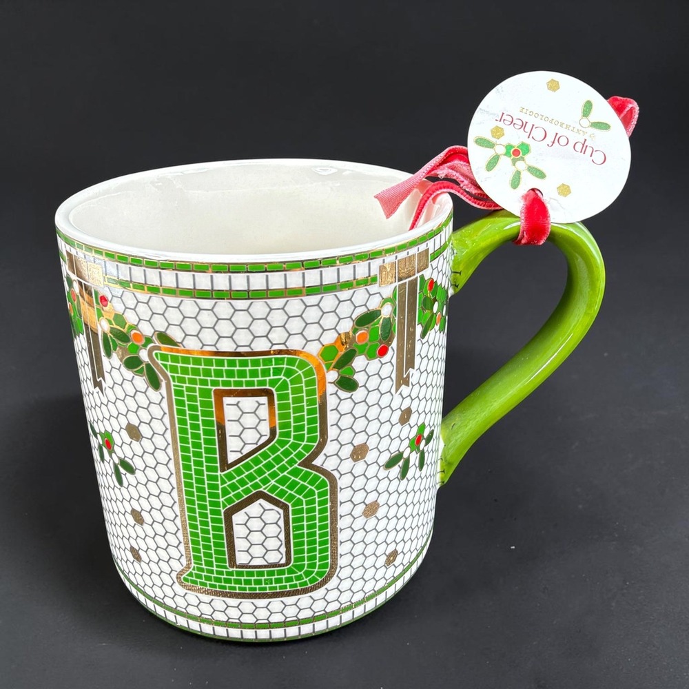 Anthropologie Cup of Cheer Bistro Tile Monogram Mug Letter B Christmas Green